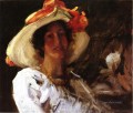 Retrato de Clara Stephens con sombrero con una cinta naranja William Merritt Chase